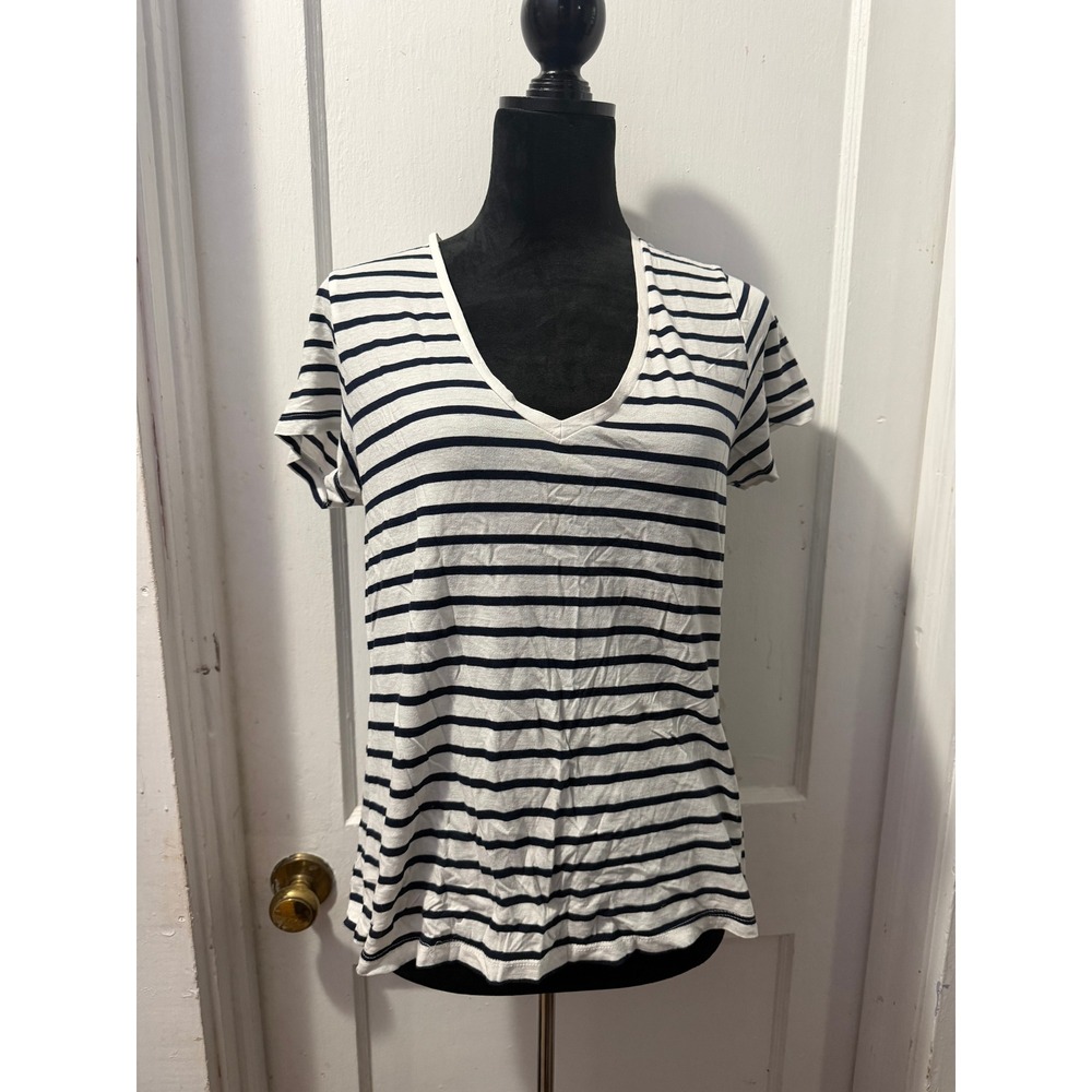 H&M L.O.G.G. Organic Cotton Black White Striped V-Neck Short Sleeve Top Medium
